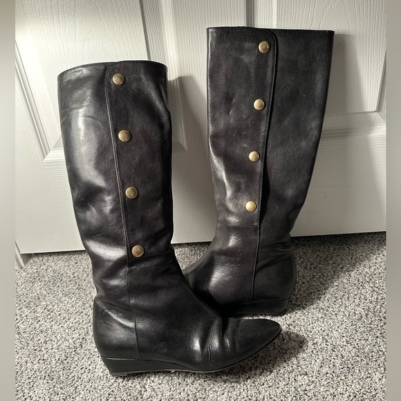 LOEFFLER RANDALL 8.5 Black Leather Low Wedge Knee Boots Gold Snaps R $595 - Picture 1 of 12